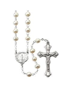 White Freshwater Pearl Rosary with Miraculous Medal Center