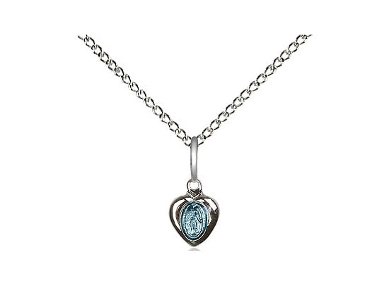 Sterling Silver Heart Shaped Miraculous Medal on Sterling Silver Light Curb Chain.