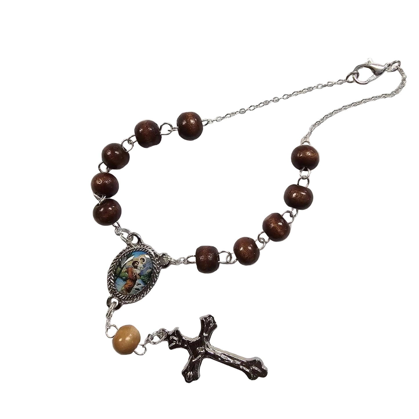 St. Christopher Dangle Auto Rosary with Enameled Medal and Wood Beads