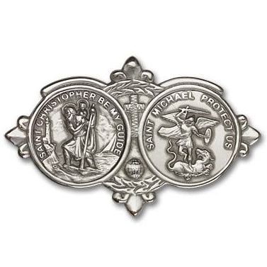 St. Christopher and St. Michael Dual Medal Silver Oxide Visor Clip - 3"