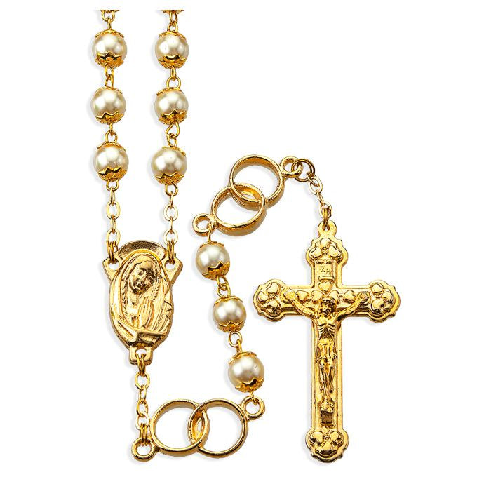 Wedding Rosary With Pearl Beads and Gold Tone Center and Crucifix