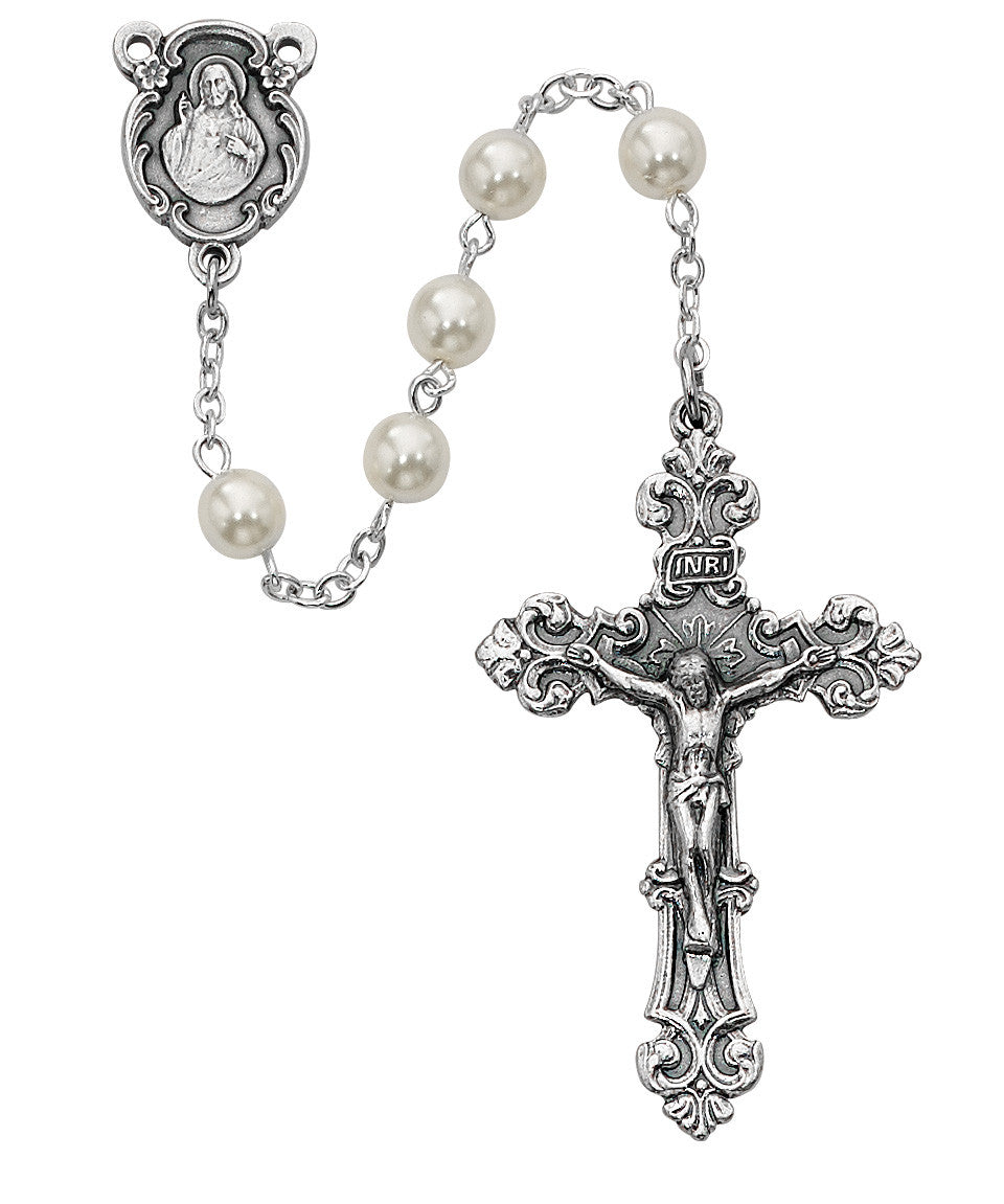 Glass White Pearl Bead Rosary