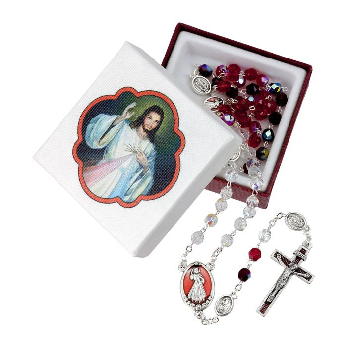 Divine Mercy Tri Color Glass Bead Rosary