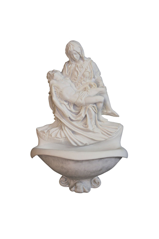 9" Pieta Holy Water Font in Antiqued Alabaster/Resin