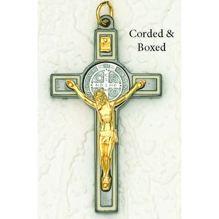 St. Benedict Black Tone with White Enamel Crucifix - 3" Cross on Cord