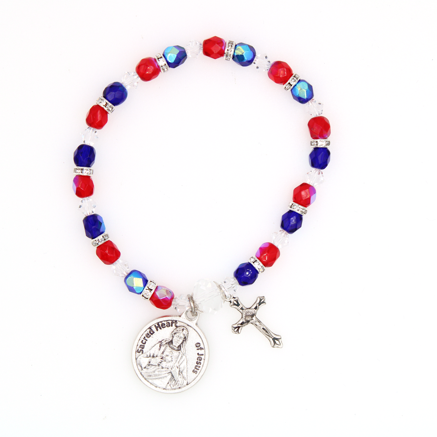 Patriotic Bracelet Red, Clear, & Blue Crystal Beads with Sacred Heart and Crucifix Medal