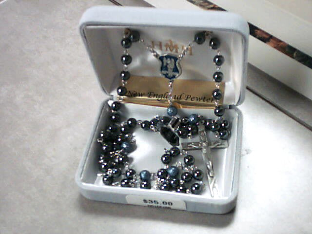 St. Michael Hematite bead rosary with Genuine pewter crucifix & Center with blue enamel St. Michael shield center