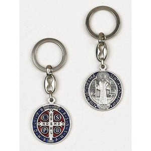 St. Benedict Medal Keychain In Blue And Red Enamel