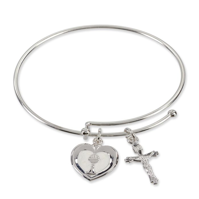 Charm Bracelet with Pearlized Epoxied Heart Shaped Communion Chalice Medal (Gold or Silver)