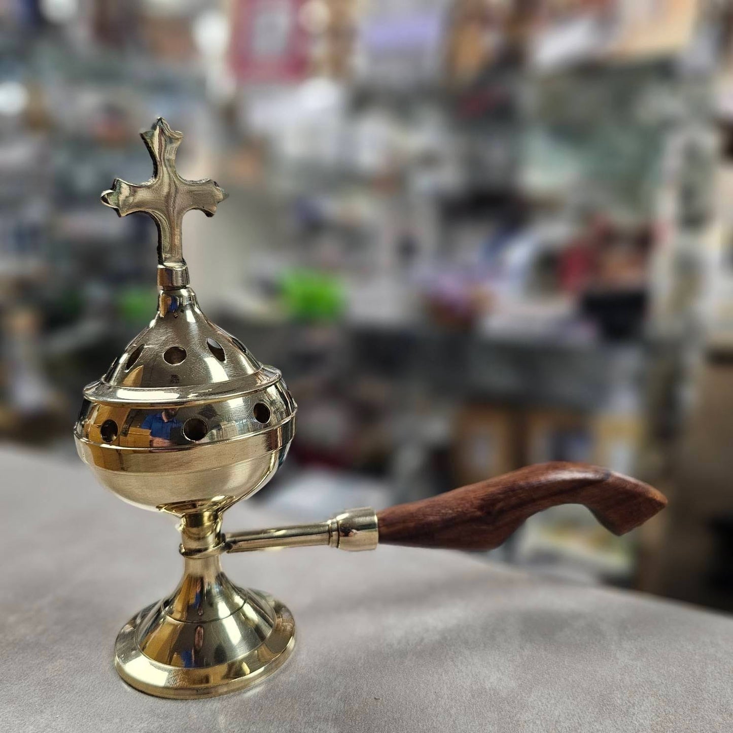 Incense Burner with Wooden Handle, Brass - 8"