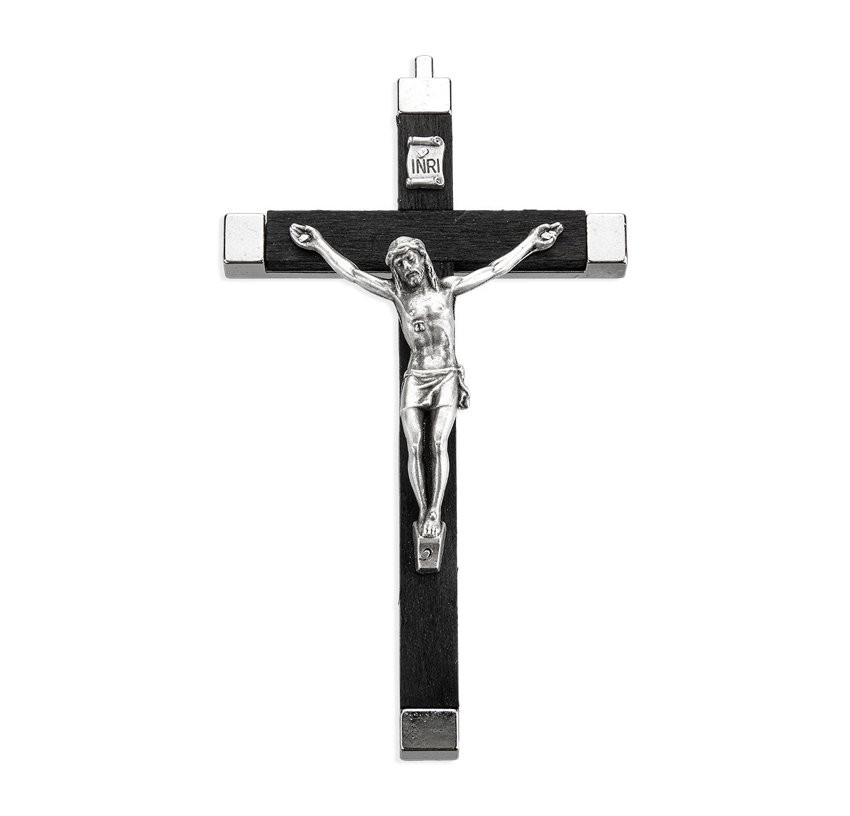 Black Wood, Metal Bound Wall Crucifix - 5.5"