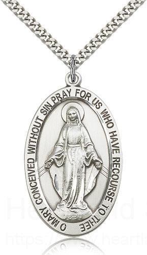 Large Sterling Silver Miraculous Medal on 24" Rhodium Chain