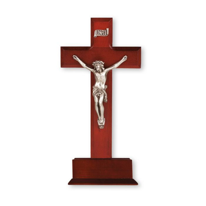 Dark Cherry Wood Standing Crucifix With Antiqued Fine Pewter Corpus - 10"
