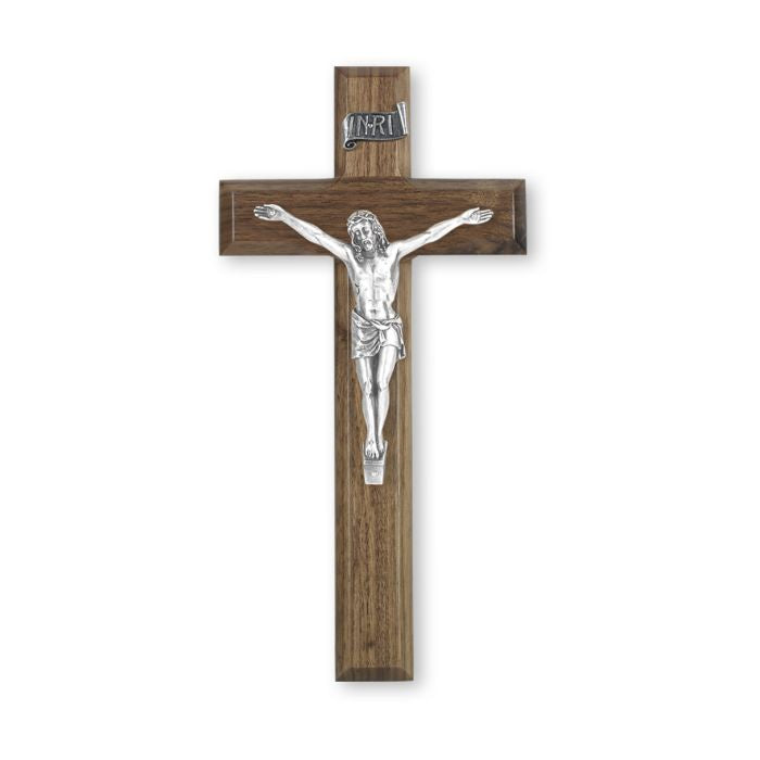Walnut Wood Cross with Pewter Corpus - 10"