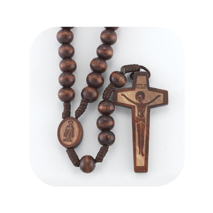Brown Wood Carved Bead Rosary - 8mm