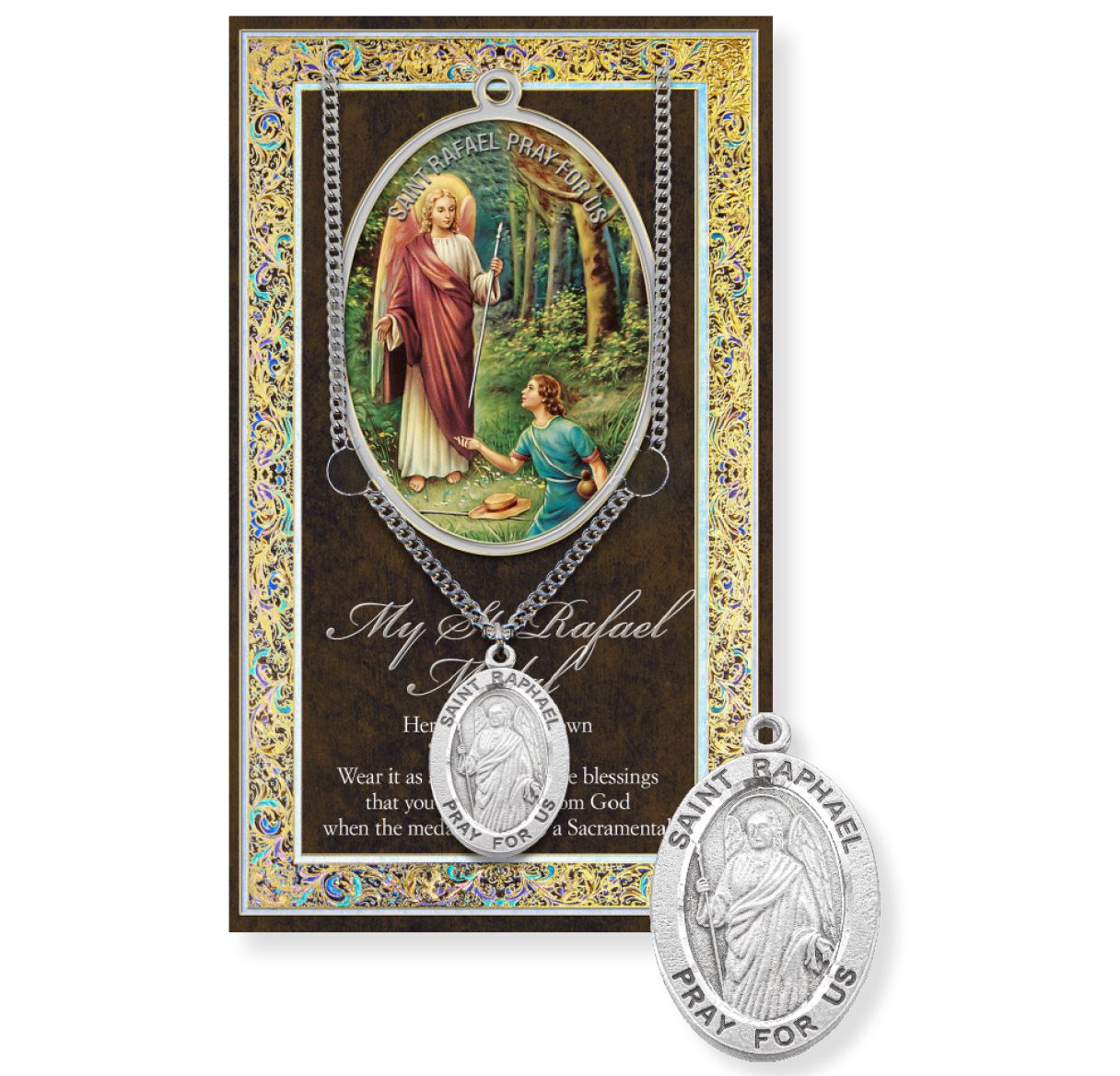 St. Raphael Pewter Medal Necklace with Pamphlet - 24" Chain