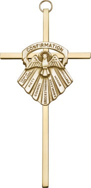 Confirmation Cross with Gifts of the Holy Spirit in gold tone