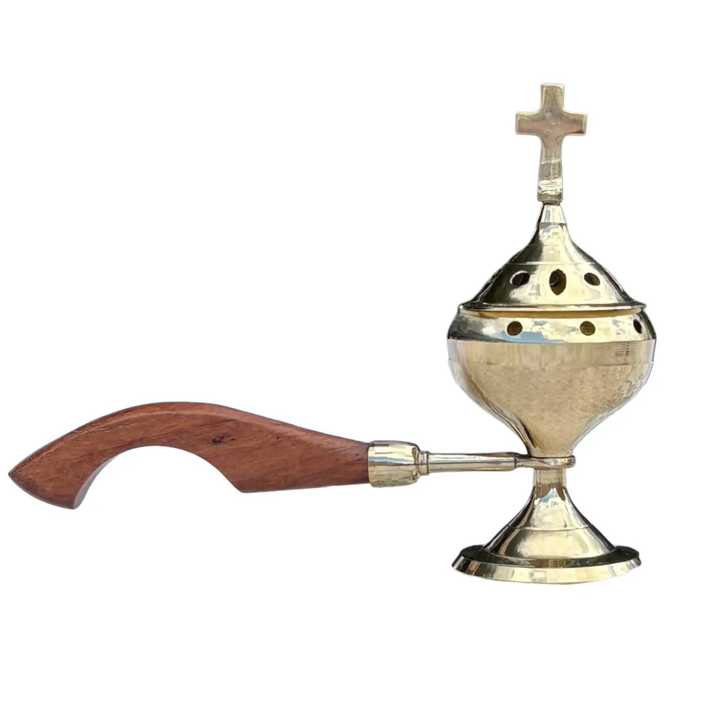Incense Burner with Wooden Handle, Brass - 7"