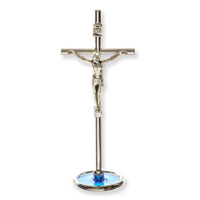 Silver Metal Standing Crucifix with Blue Epoxy Base