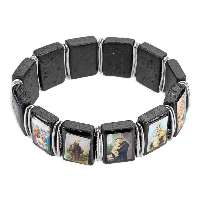 Patron Saint Picture Black Wood Bead Bracelet