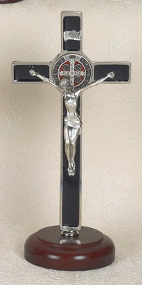 St. Benedict Enameled Cross - Enameled Two-Tone Medal - On Wooden Base