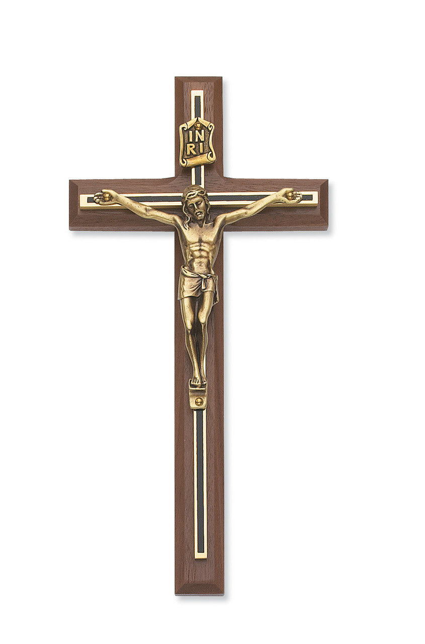 8" Walnut Crucifix with Gold and Black Overlay