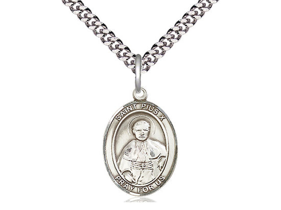St. Pius X Sterling Silver Medal with Rhodium Chain