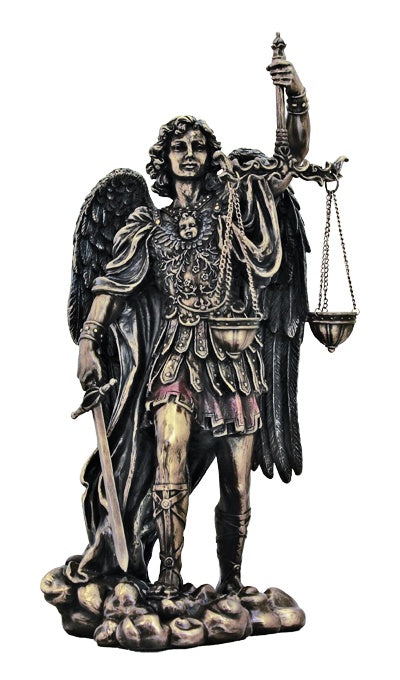 11" St. Michael Statue Scales of Justice in 2 Tone Cold Cast Bronze