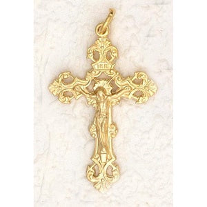 Gold Tone Crucifix Medal, Fleur di Lis Cross - #8812