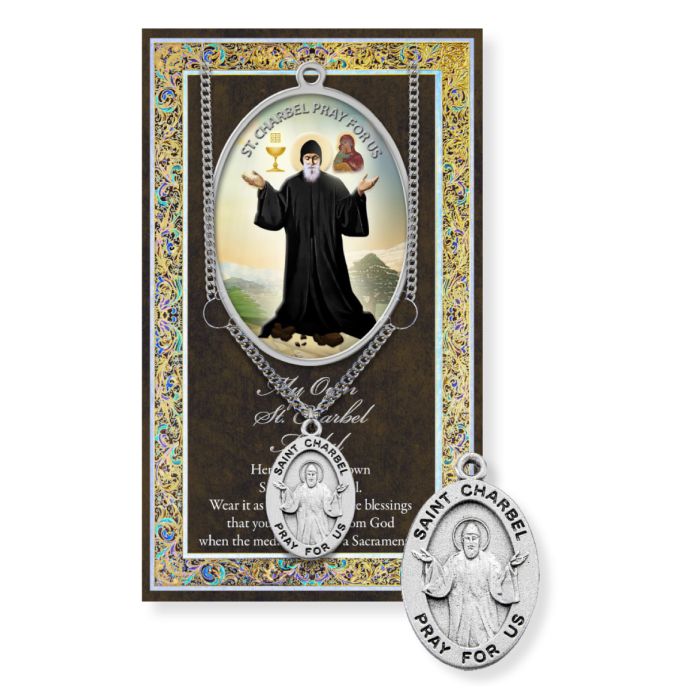St. Charbel Pewter Medal Necklace with Pamphlet - 24" Chain