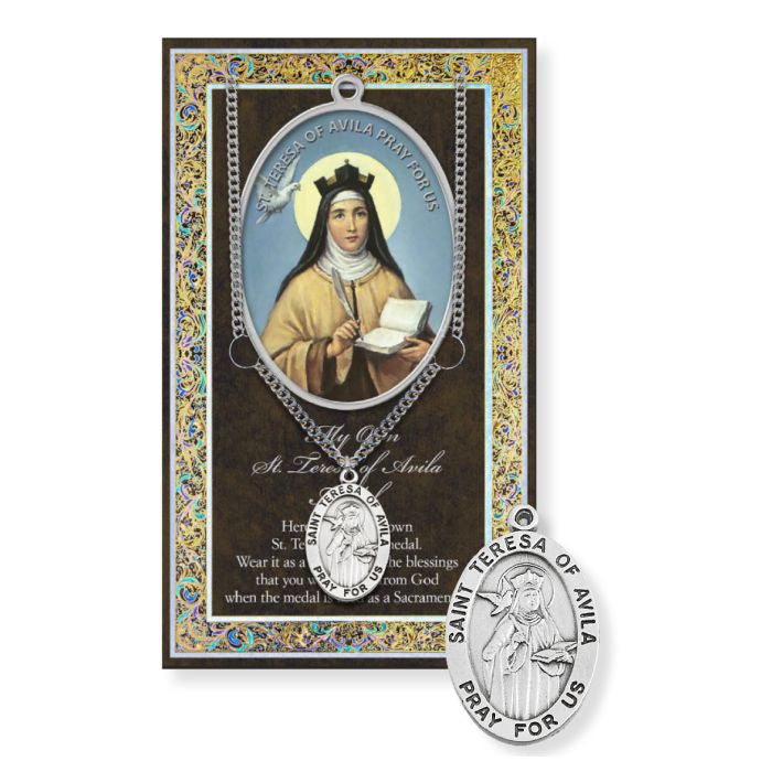 St. Teresa Avila Pewter Medal Necklace with Pamphlet - 24" Chain