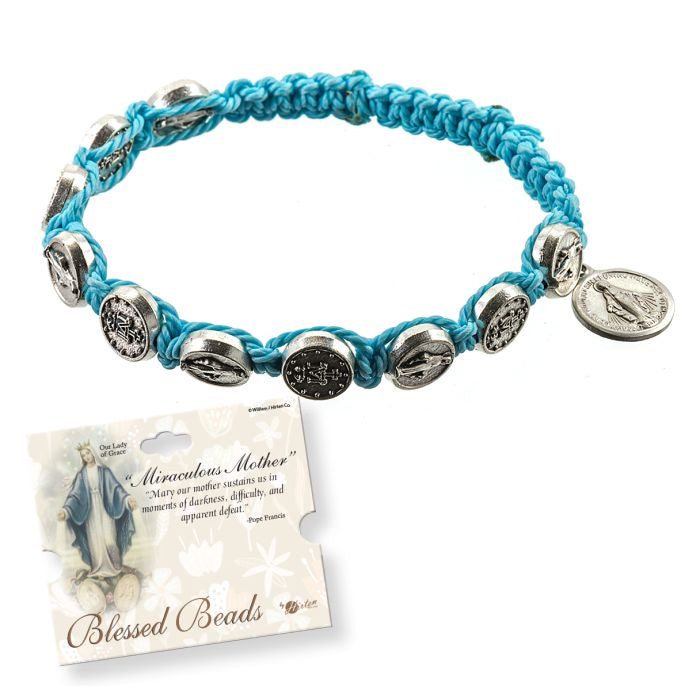 Miraculous Medal Rosary Bracelet With Light Blue Cord