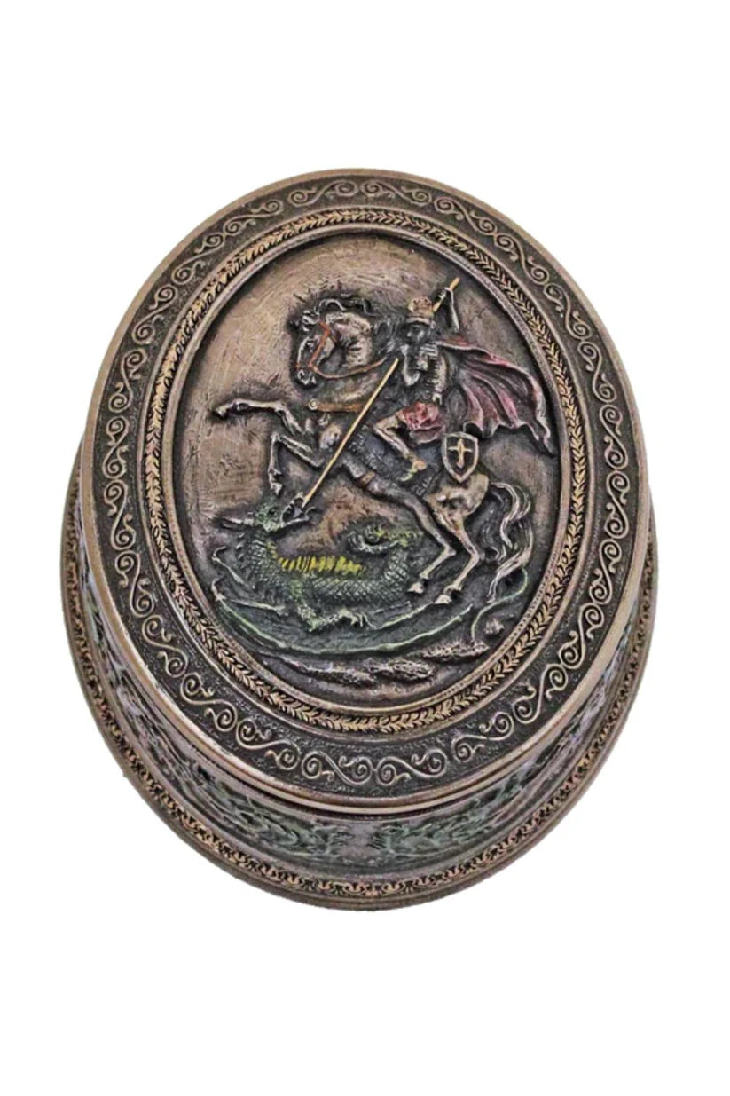 St. George Oval Keepsake Box, Veronese Collection, in lightly hand-painted cold cast bronze - 3x5x2"