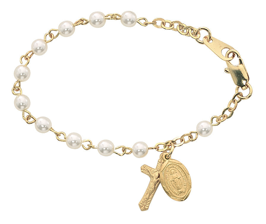 Gold Plated with Glass Pearl Baby Rosary Bracelet - 5.5"