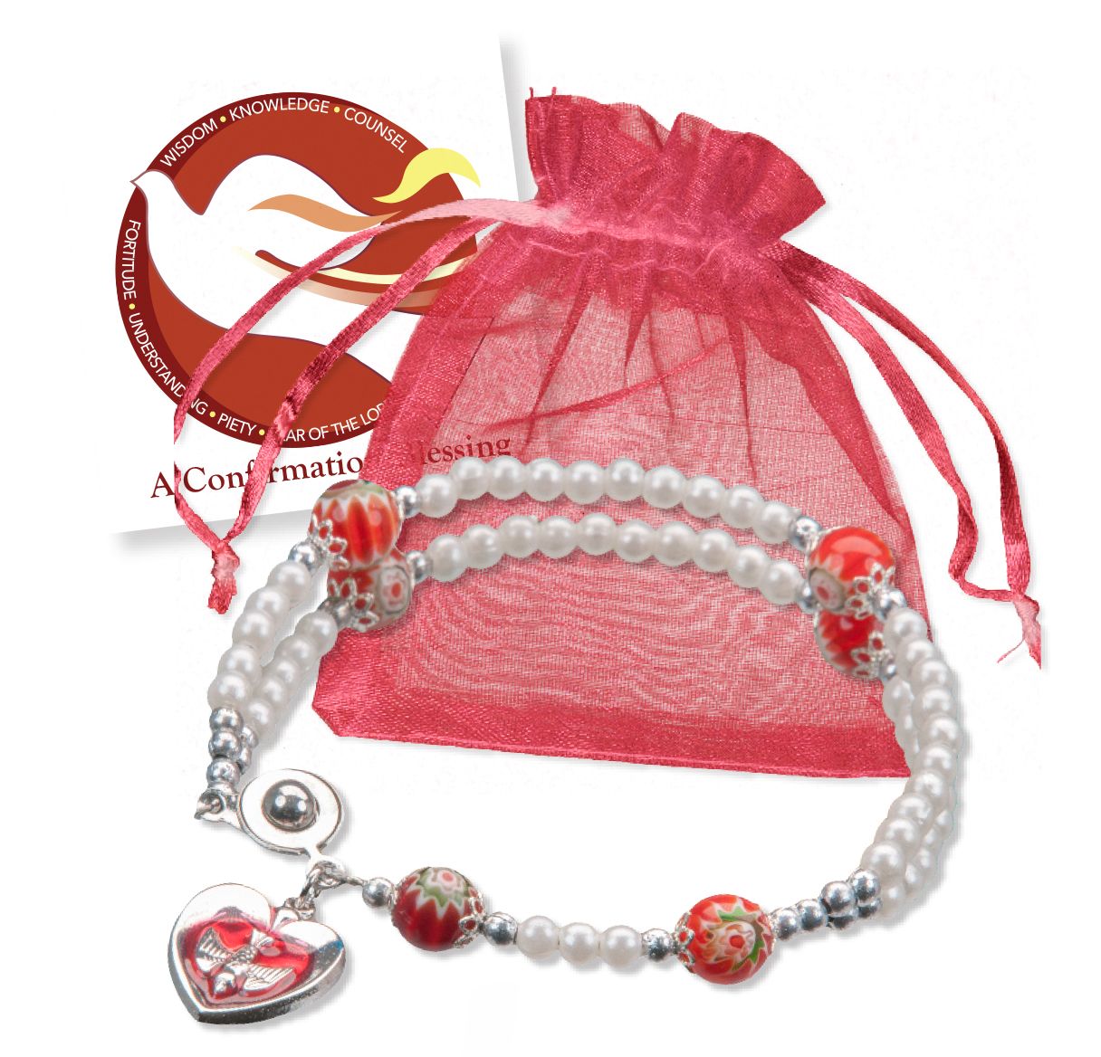 Confirmation Bracelet with Card in Red Organza Bag