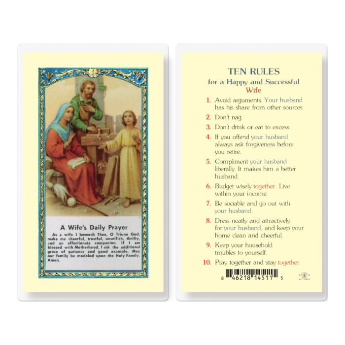 Wife's Daily Prayer & Ten Rules: for a Happy and Successful Wife Holy Card