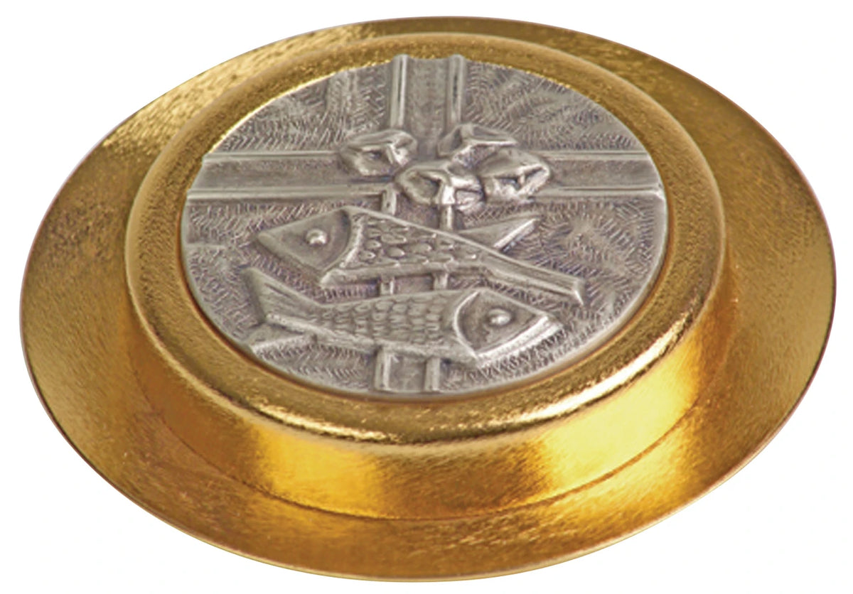Fish and Bread Emblem, Paten / Pyx, 24K Gold-Plated, Holds 35 Hosts