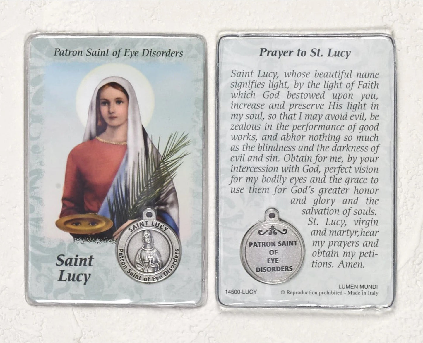 Holy Card with medal of St. Lucy Patron Saint of Eye Disorders $2.50