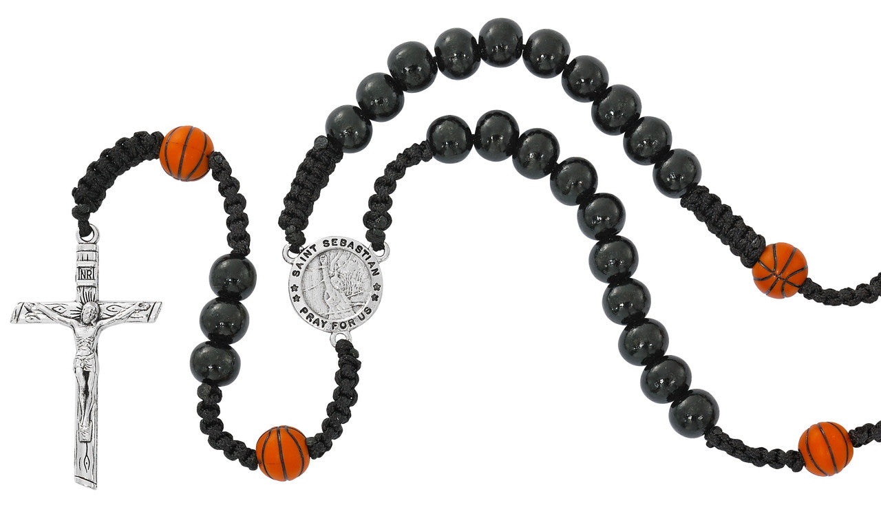 St. Sebastian, Sports, Black Wood Bead Corded Rosary (3 Variants)
