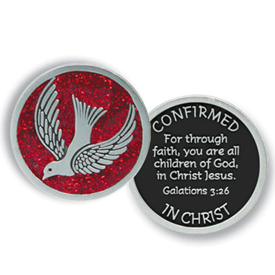 Confirmation Coin with Holy Spirit Image - Red Sparkle Enamel