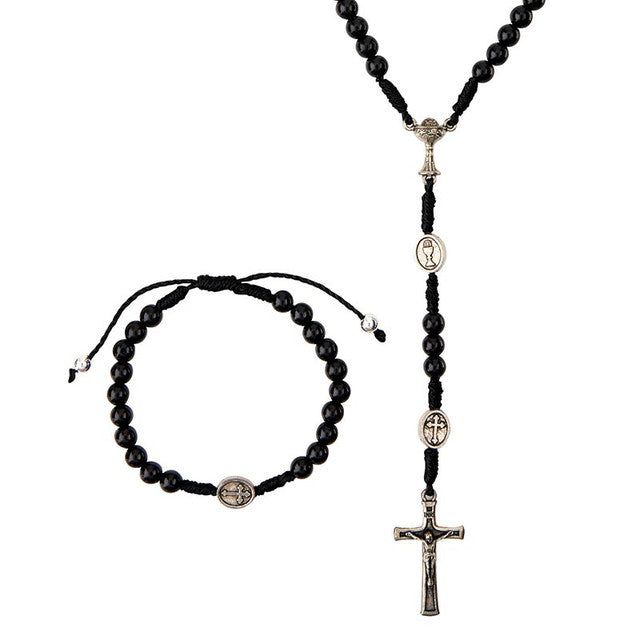 First Communion Rosary-Necklace and Bracelet Set (Black or White)