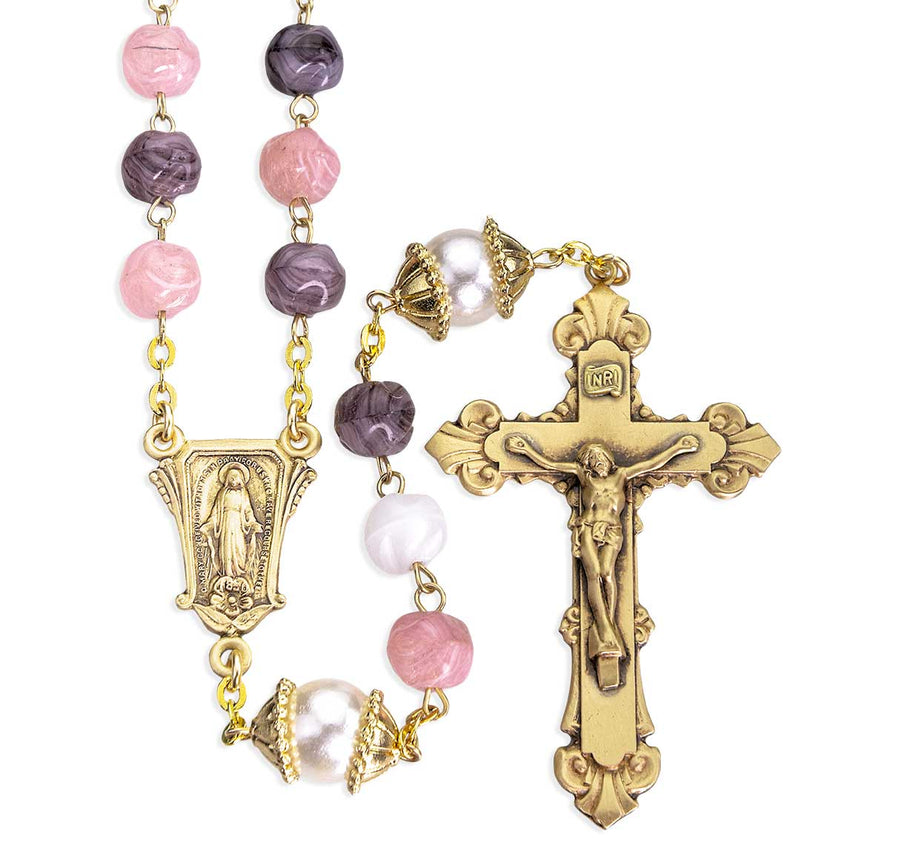Pink and Violet Glass Bead Rosary