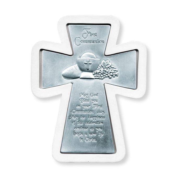 First Communion Wood Framed Pewter Cross - 6"H