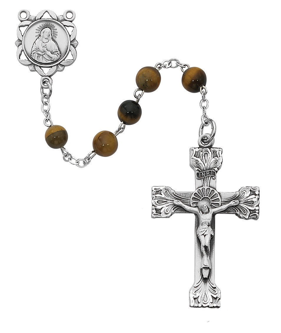Genuine Tiger Eye Bead Rosary with Pewter Center and Crucifix