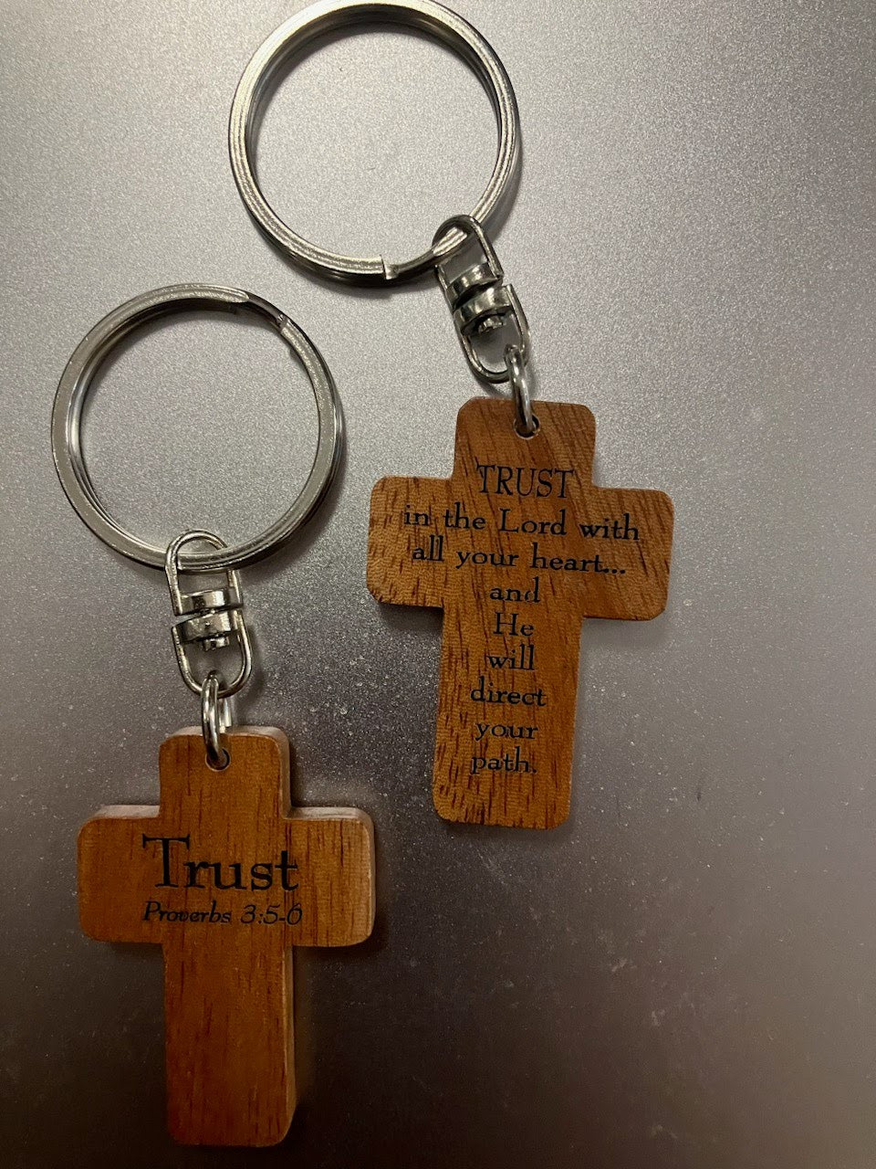 Wood Cross Keychain inscribed with Proverbs 3 5-6 TRUST