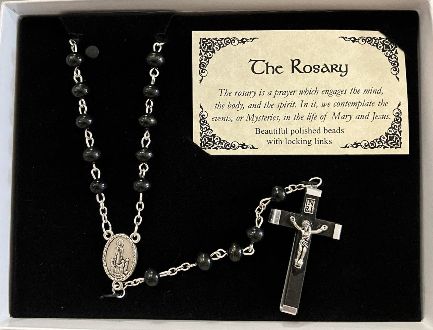 Black Bead Rosary with Fatima Center