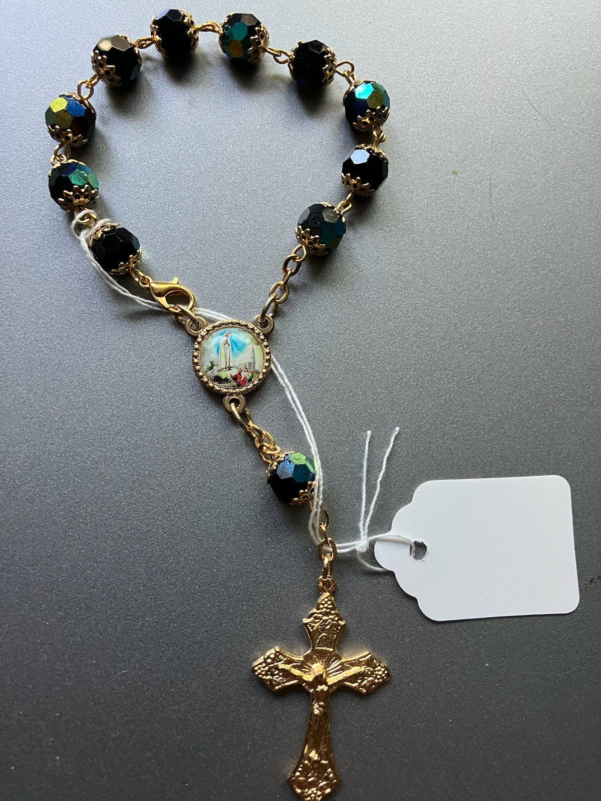 Our Lady of Fatima Black Glass Bead Auto Rosary