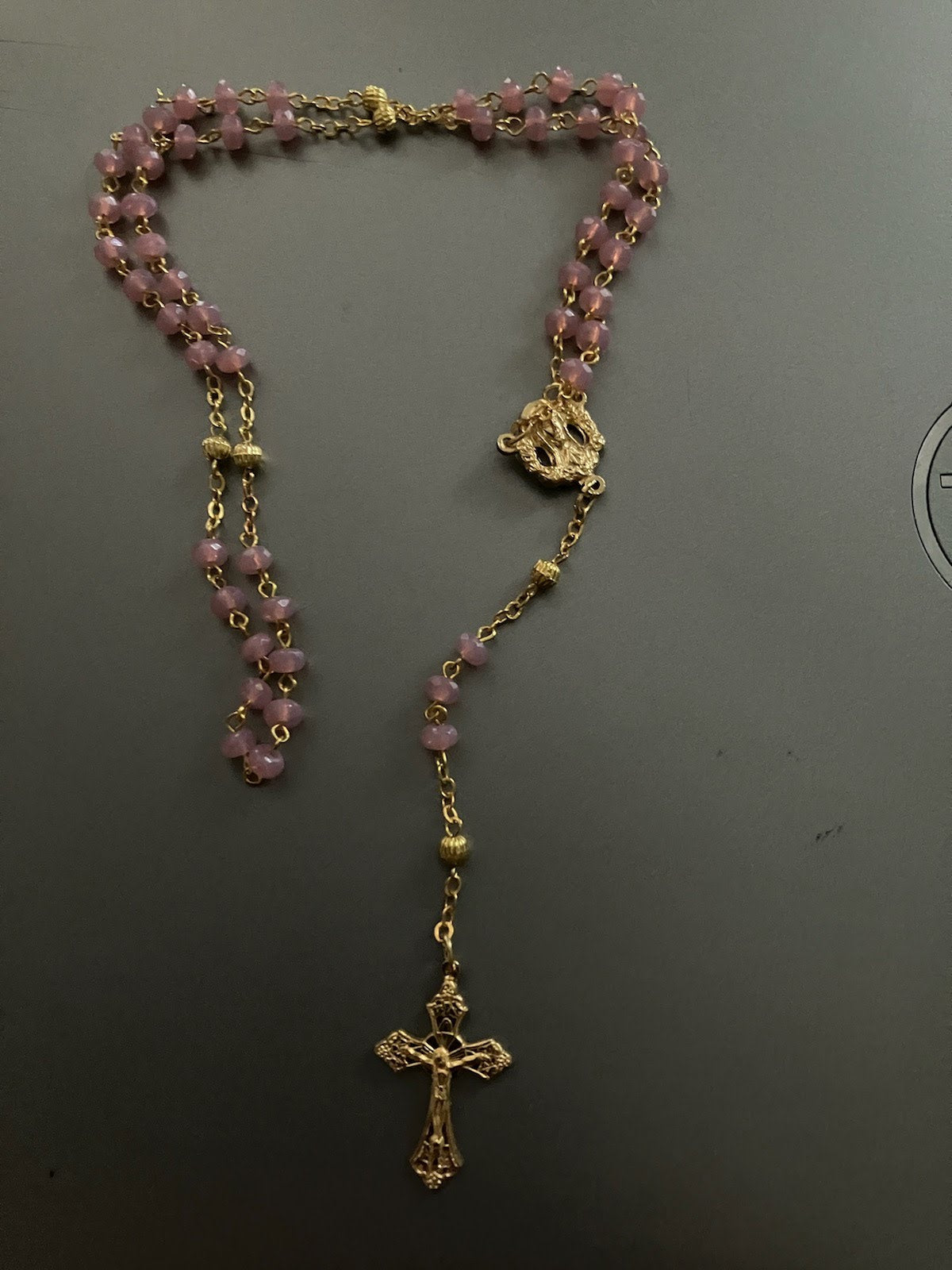 Rose Bead Rosary with Gold Tone Crucifix and Center