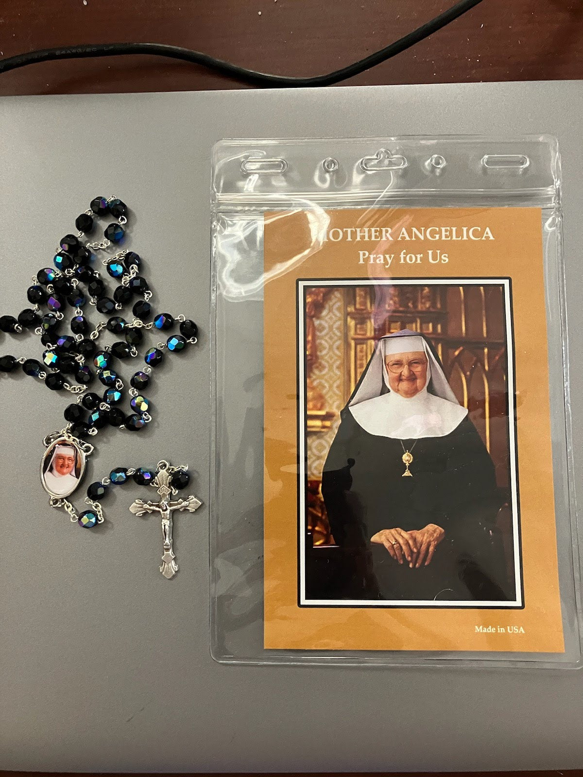 Mother Angelica Crystal Bead Rosary with Photo Center