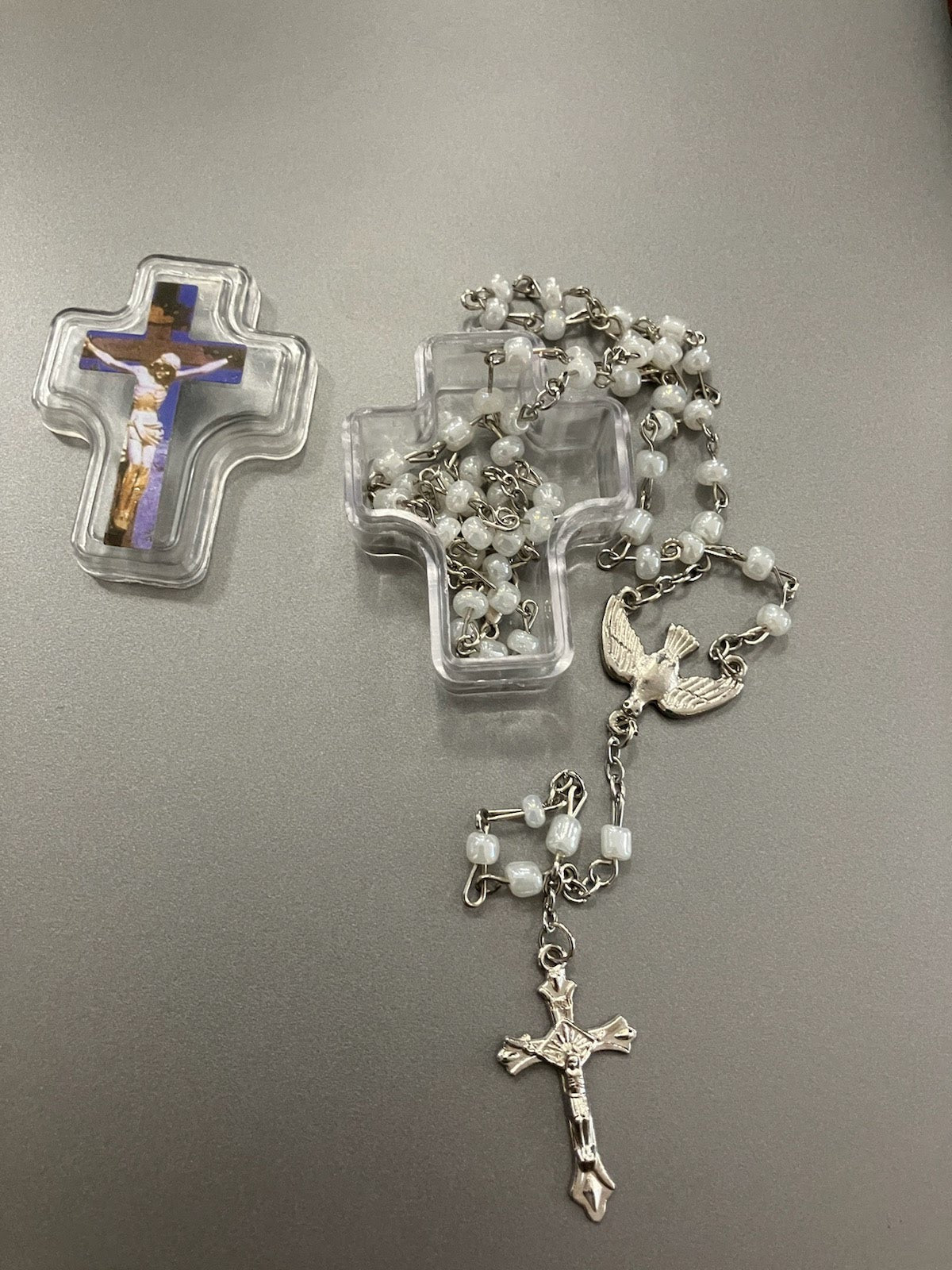 White Rosary in Cross Shaped Case